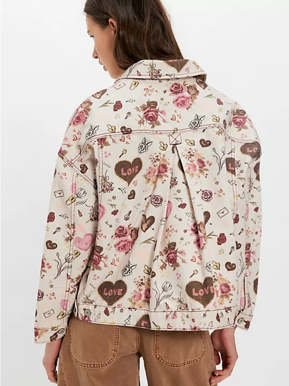 We The Free Cream Denim Jacket with Pink & Brown Floral Hearts - Picture 2 of 2